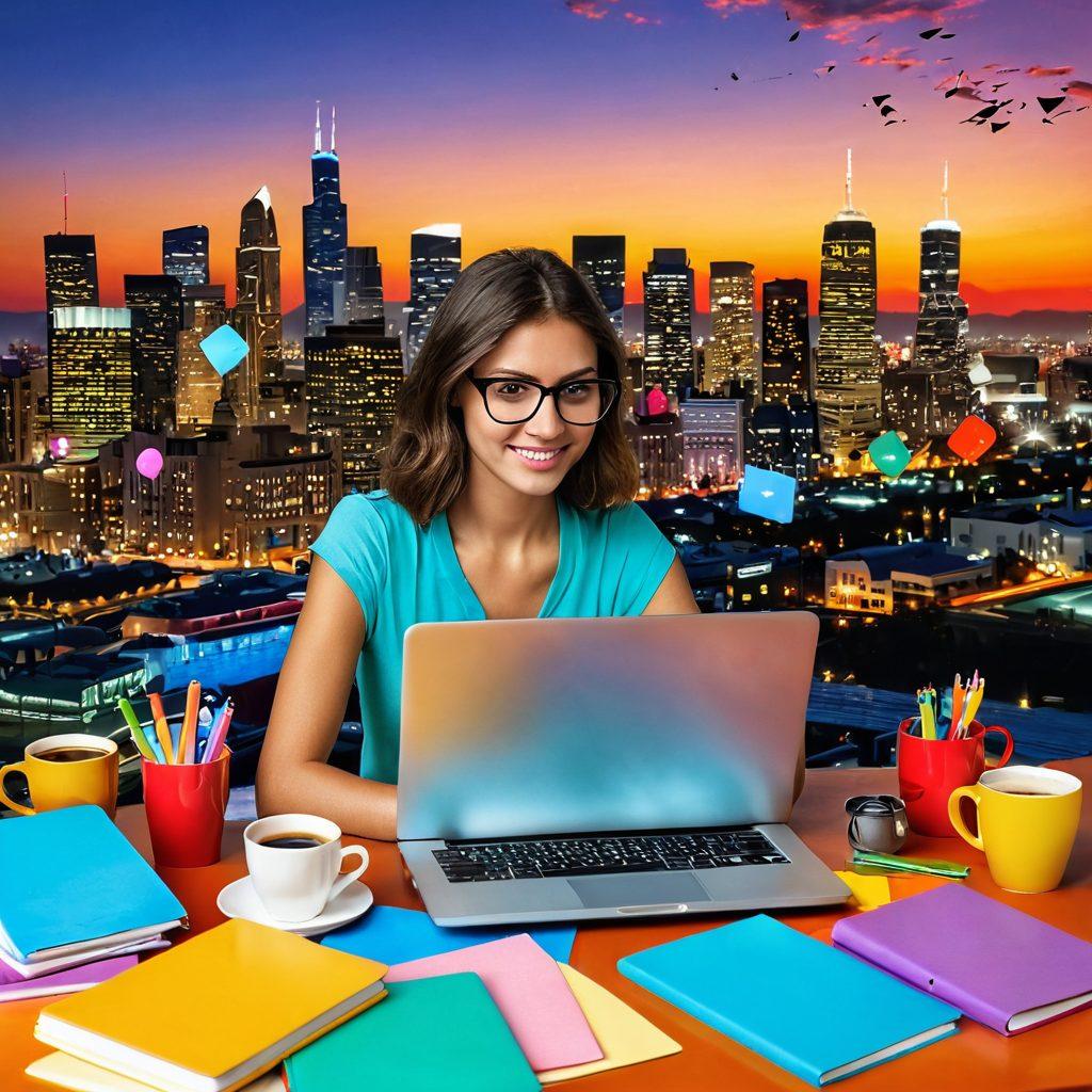 A dynamic scene of a person passionately typing on a laptop, surrounded by colorful notebooks and coffee cups, with floating concepts like 'ideas', 'creativity', and 'community' in the air. The background features a vibrant city skyline symbolizing growth and success in the blogging world. super-realistic. vibrant colors. warm atmosphere.