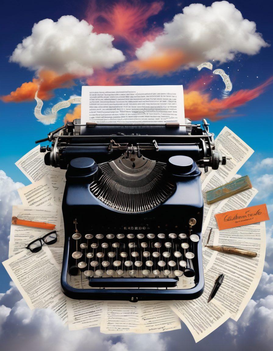 A whimsical collage of various writing tools like typewriters, quills, and laptops, surrounded by vibrant, swirling clouds of words and phrases. In the background, a winding path that symbolizes the journey of an aspiring writer through the blogosphere, with whimsical, colorful signs pointing towards 'Creativity,' 'Audience,' and 'Feedback.' The atmosphere is both inspiring and magical, inviting viewers to delve into writing. super-realistic. vibrant colors. white background.