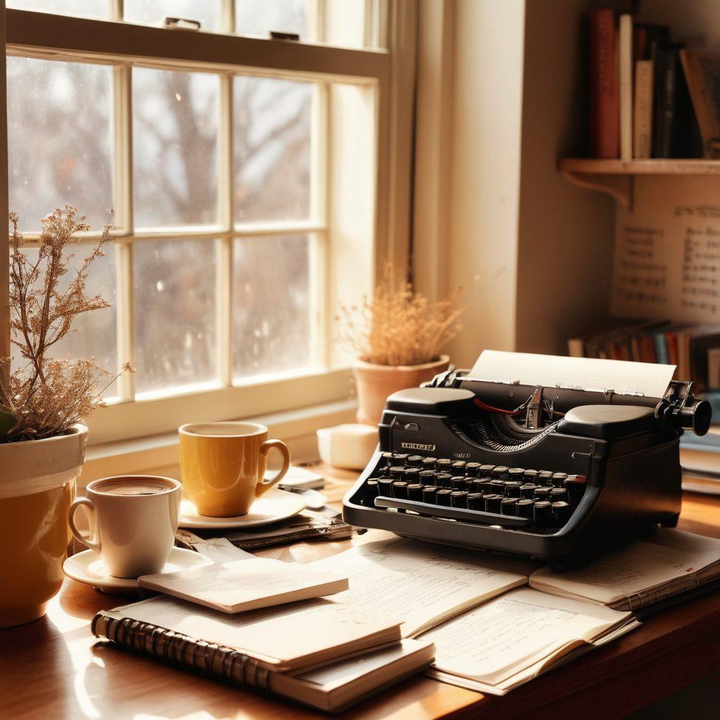 A serene workspace filled with inspiring books, a vintage typewriter, and notepads scattered with scribbled ideas. Soft sunlight streaming through a window, illuminating creative chaos. A cup of steaming coffee sits invitingly on the table. In the background, a wall adorned with motivational quotes and literary art. warm colors. cozy atmosphere. artistic painting.